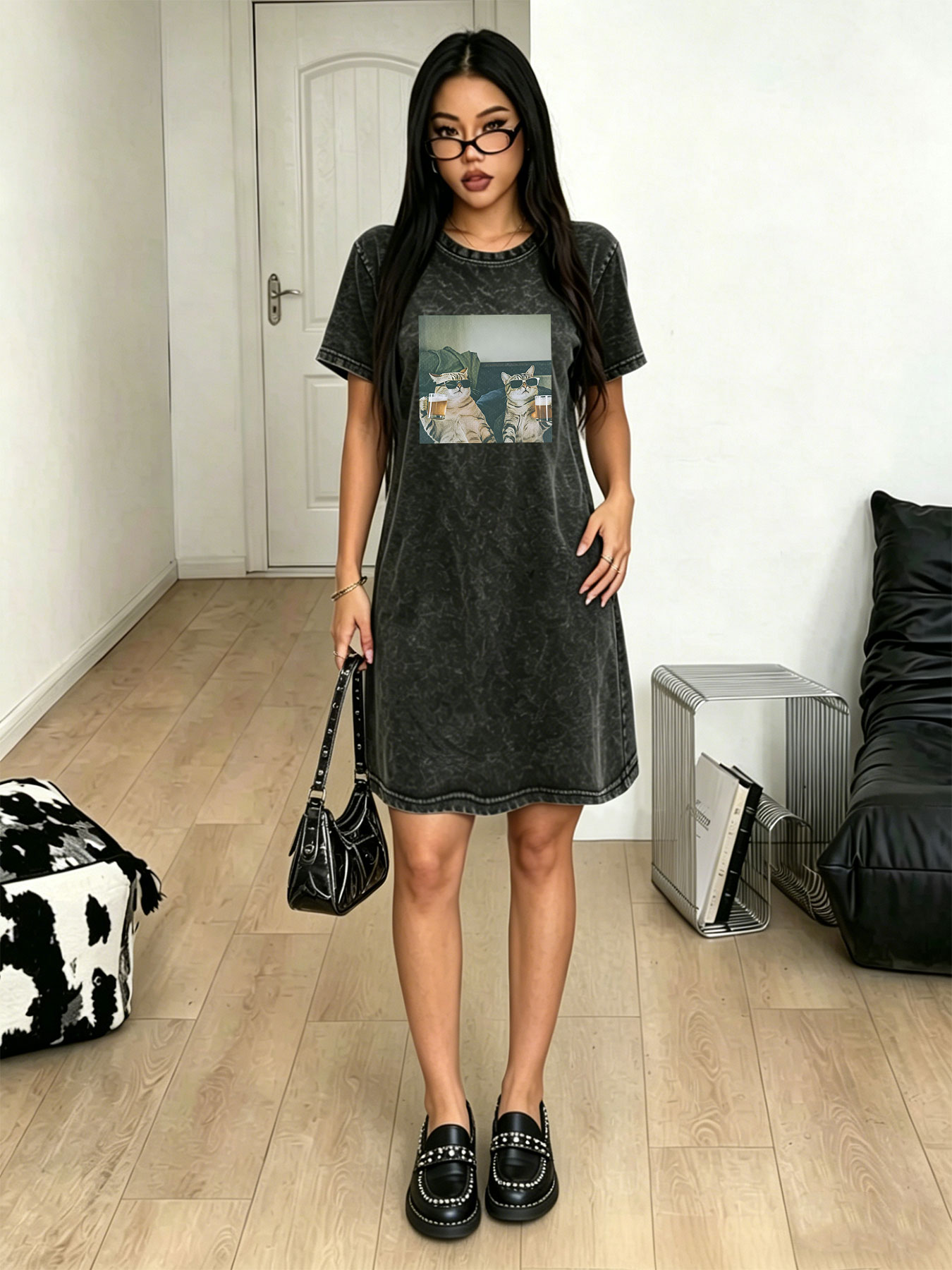 Streetwear Brand Cat - Vintage Washed Distressed T-shirt Dress for