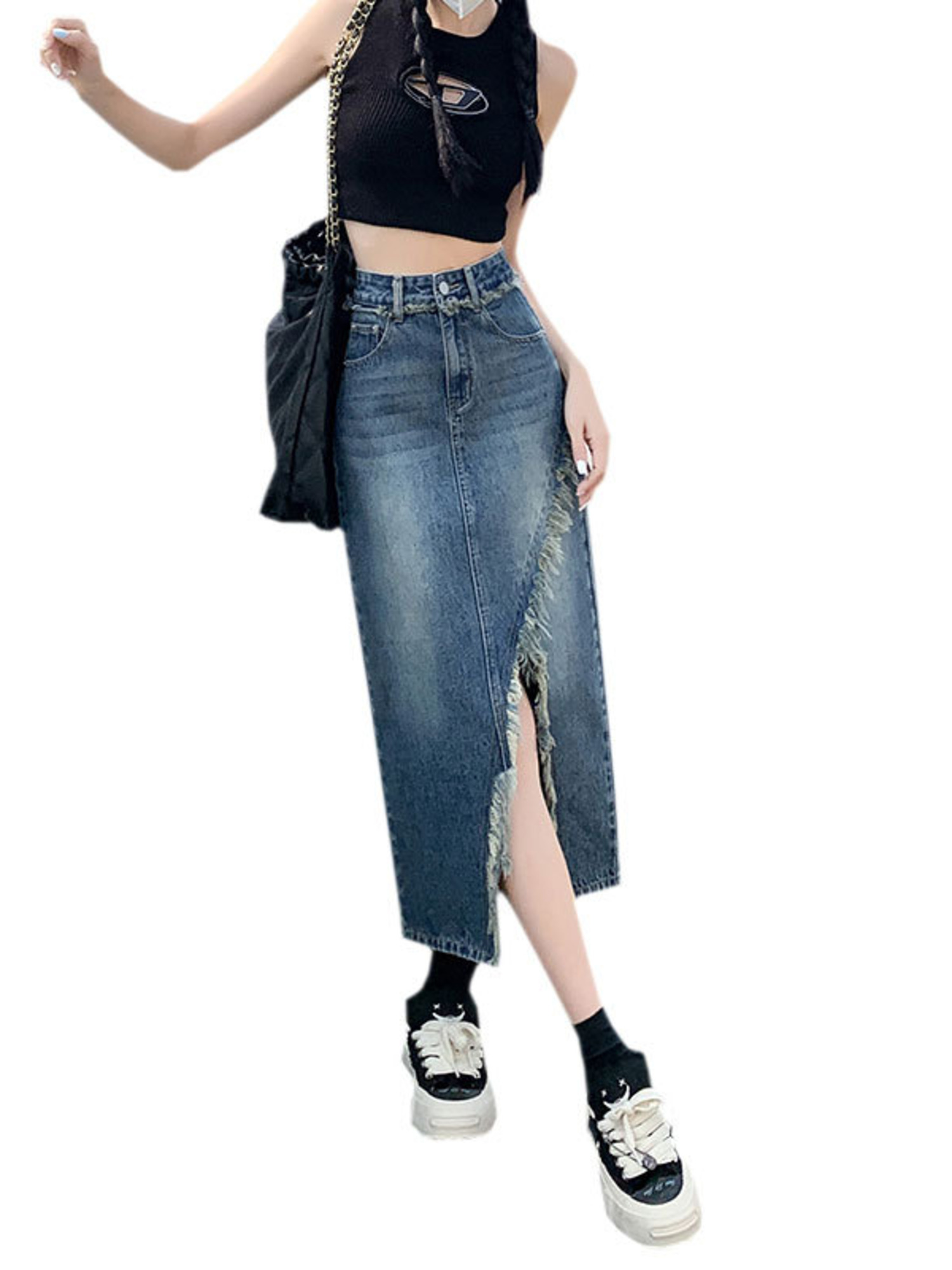 Women's High Waist Denim Skirt - Streetwear Brand Pants 评论和价格